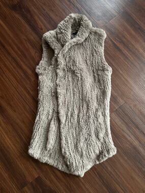 June Real Rabbit Fur Vest XS Asymmetrical Button Pockets Taupe Tan Luxe Layering
